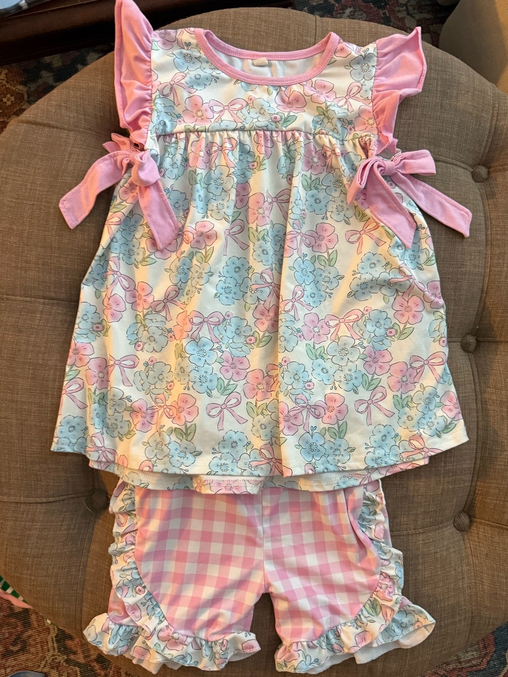 Girls Pink & Blue Floral Gingham Set w/Bow Tie Flowy Tank + Matching Shorts